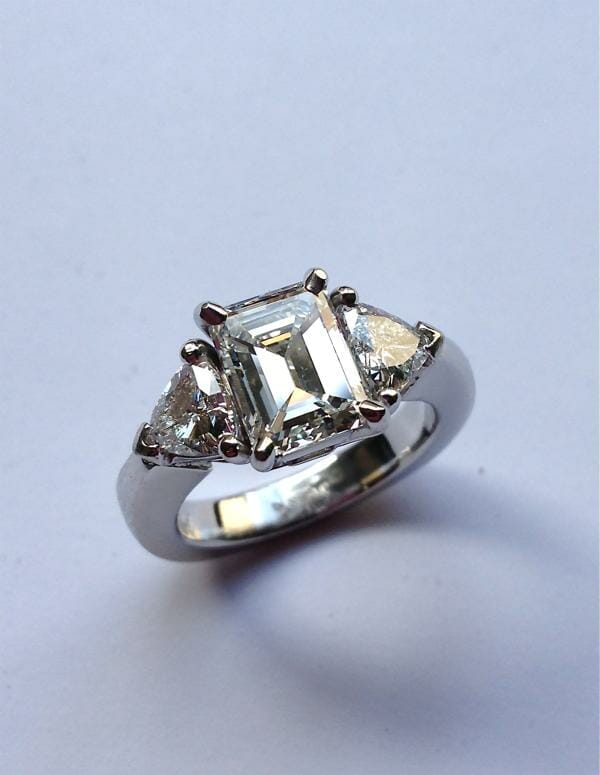 Emerald Trillion Cut Three Stone Diamond Ring Keezing Kreations